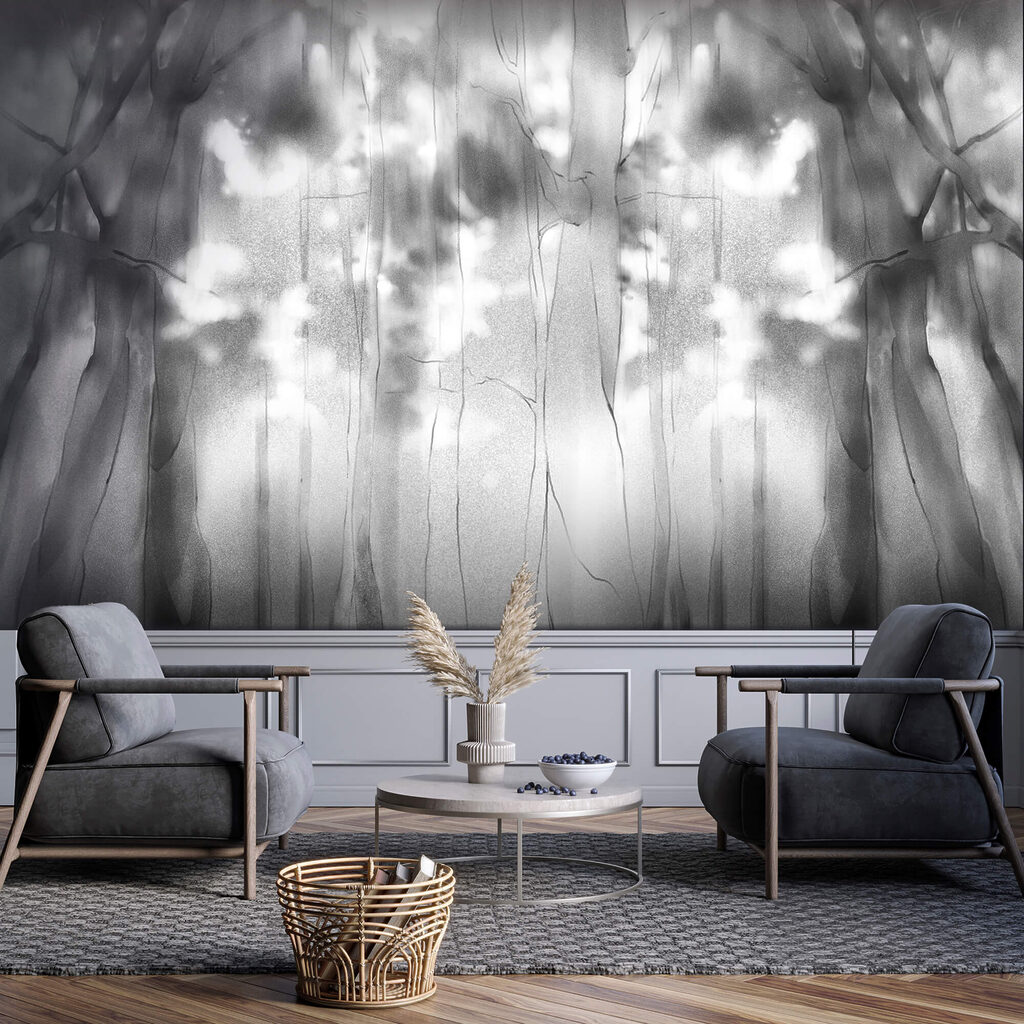 Černobílý obrázek stromů