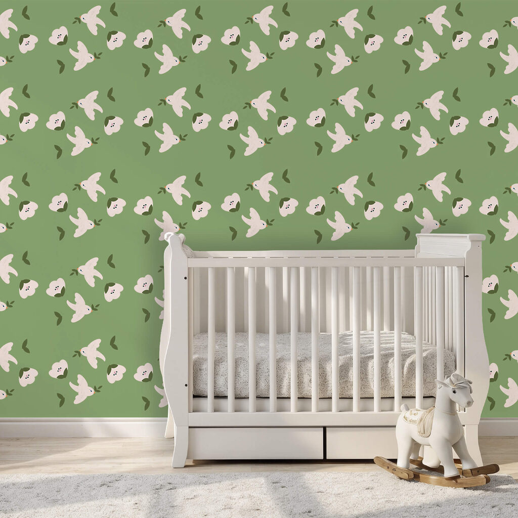 Vzor bílých ptáků a zelených listů