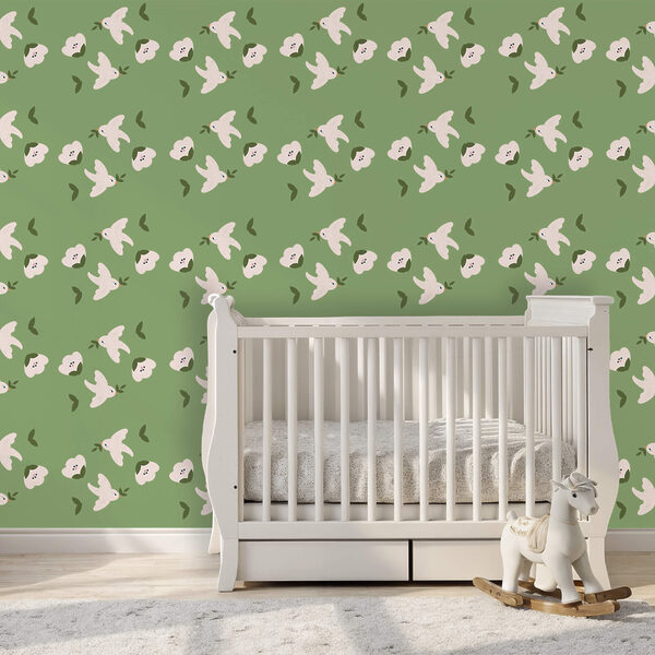 Vzor bílých ptáků a zelených listů