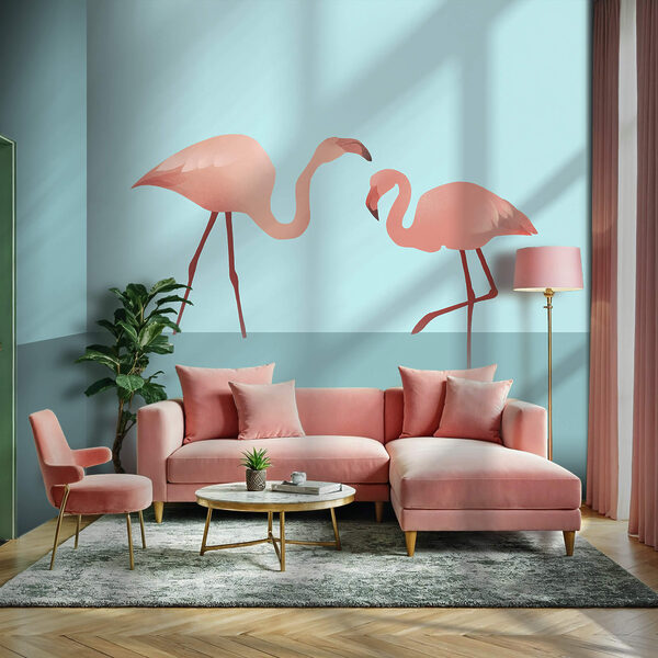 Skupina plameňáků stojících ve vodě