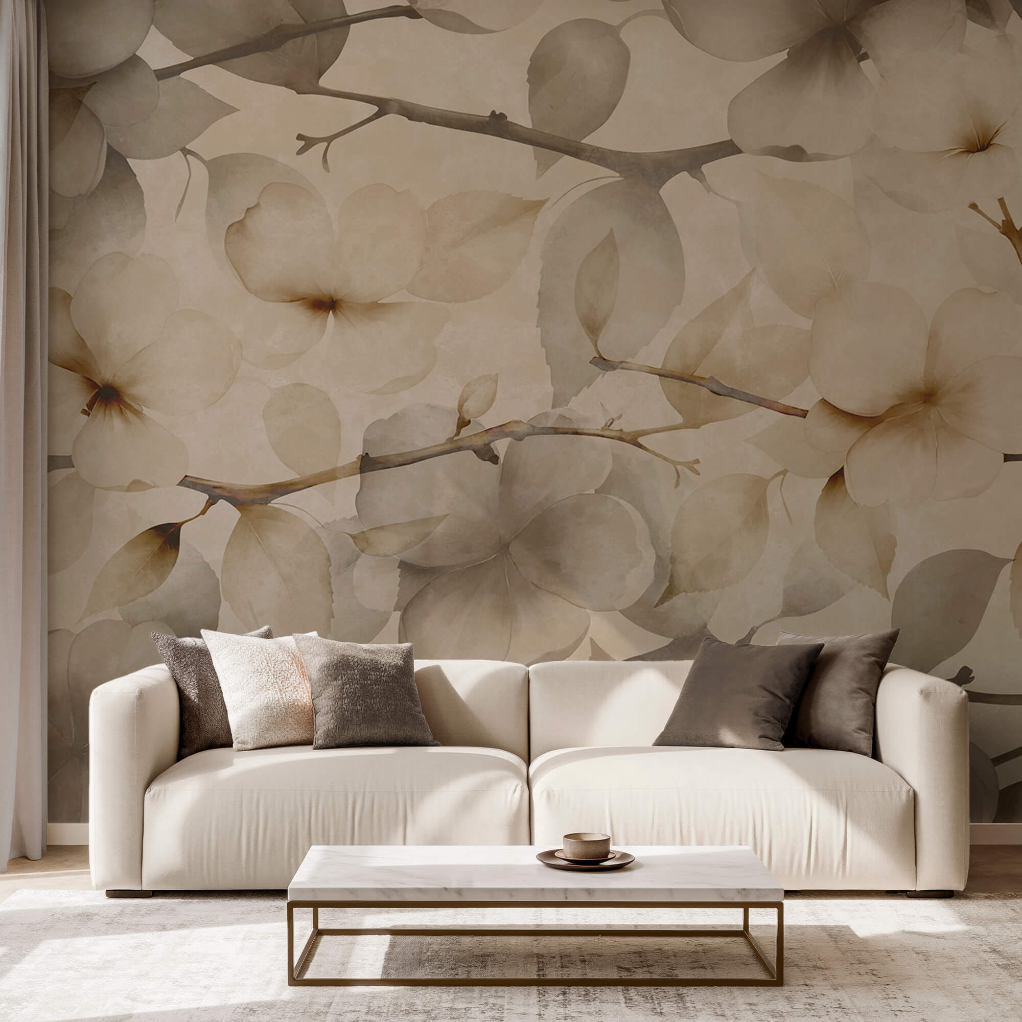 Jemné květinové motivy na tlumeném pozadí