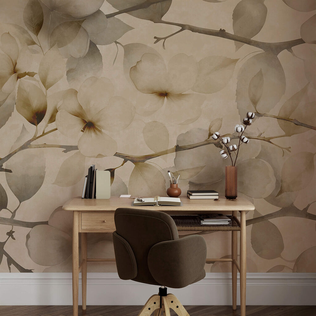 Jemné květinové motivy na tlumeném pozadí