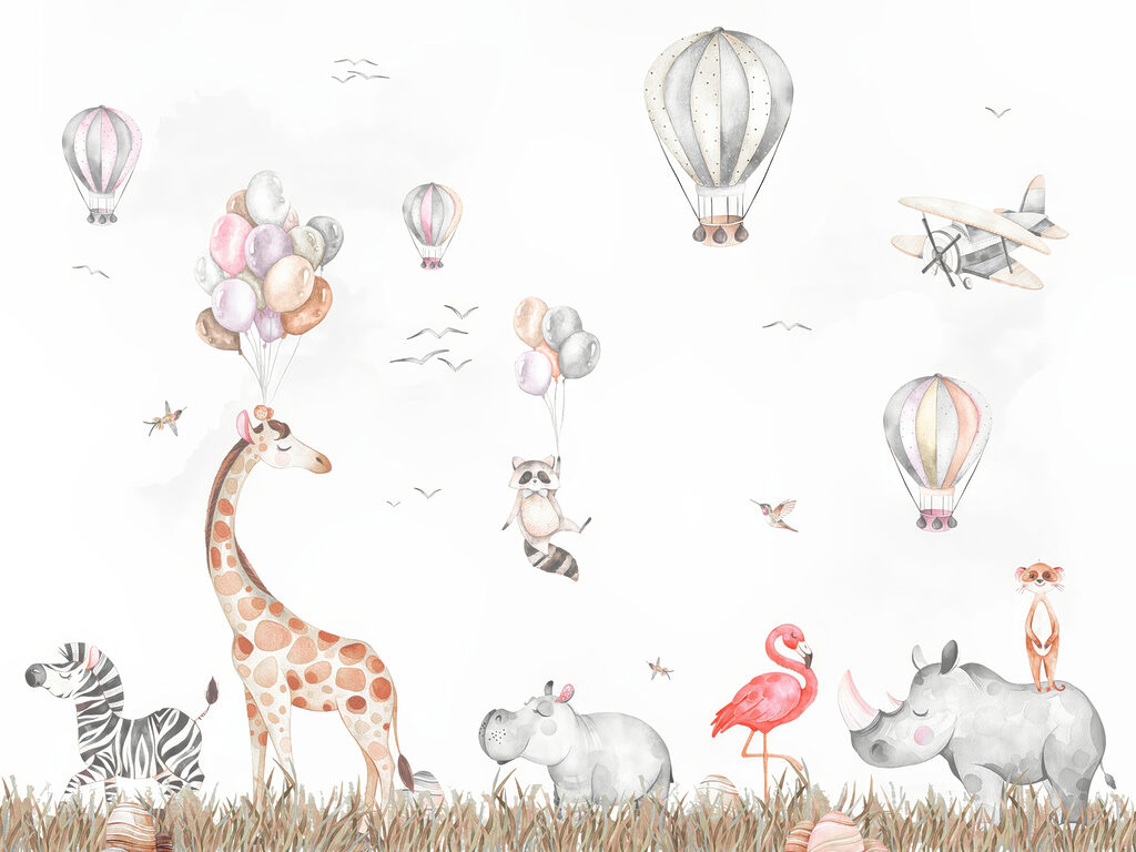 Wall mural of animals and hot air balloons
