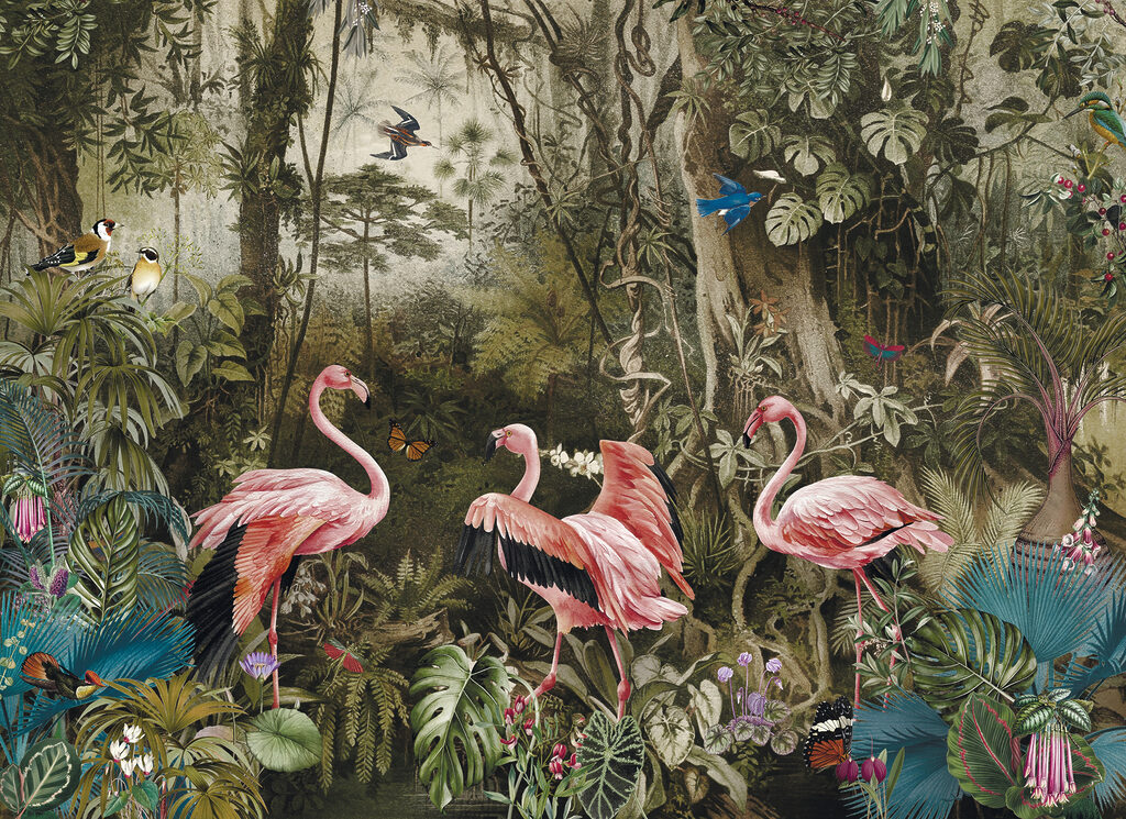 Group of pink flamingos in a forest Group of pink flamingos in a forest