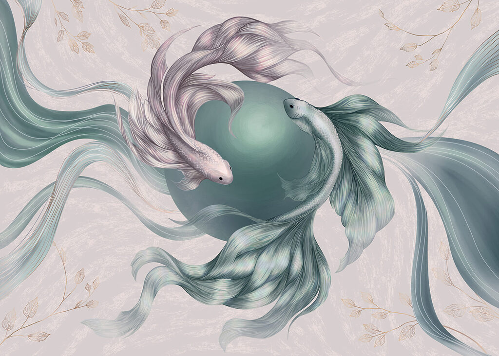 Drawing of fish with long tail and a circle