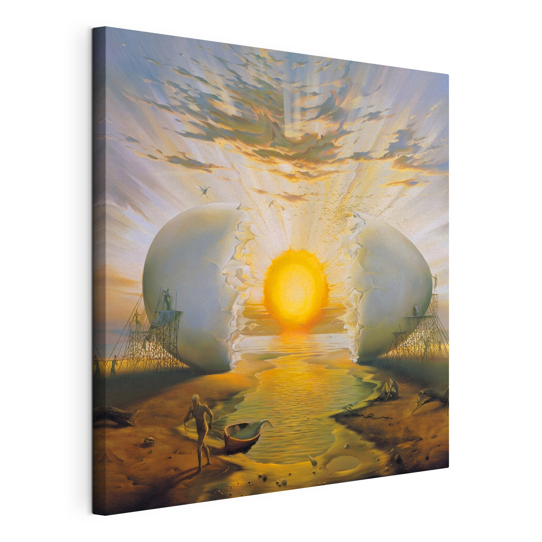 A man standing on a beach with a broken egg A man standing on a beach with a broken egg