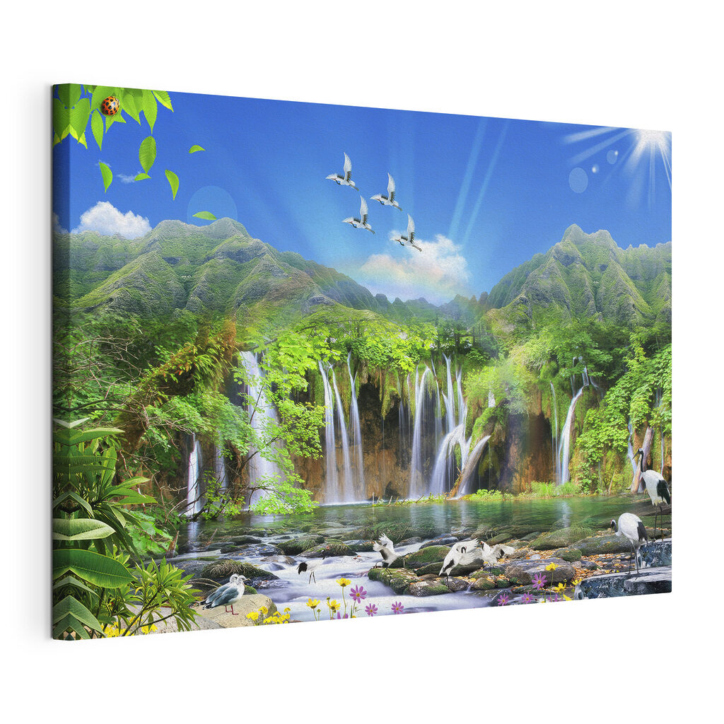A waterfall with birds flying over it A waterfall with birds flying over it