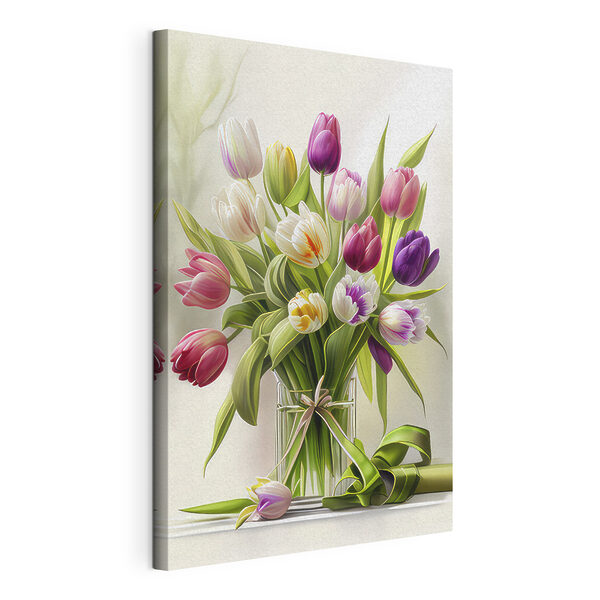 Kytice tulipánů ve skleněné váze Obraz Kytice tulipánů ve skleněné váze