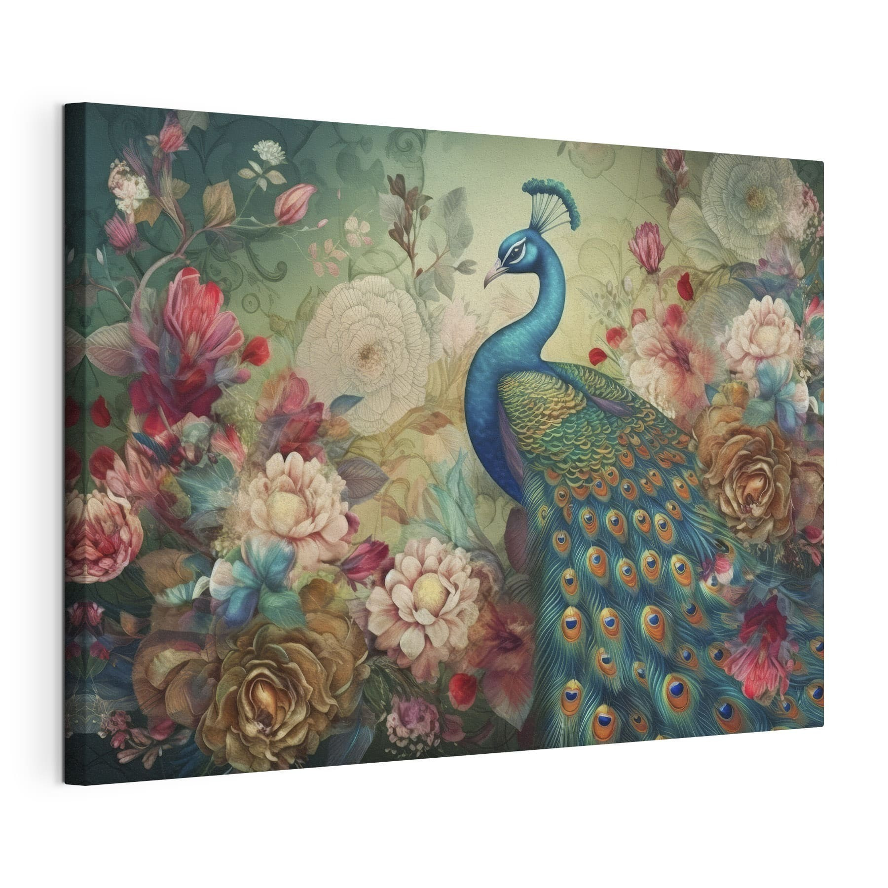 A peacock with flowers and leaves