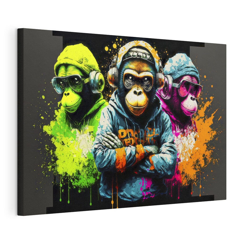 A group of monkeys wearing headphones and hoodies A group of monkeys wearing headphones and hoodies