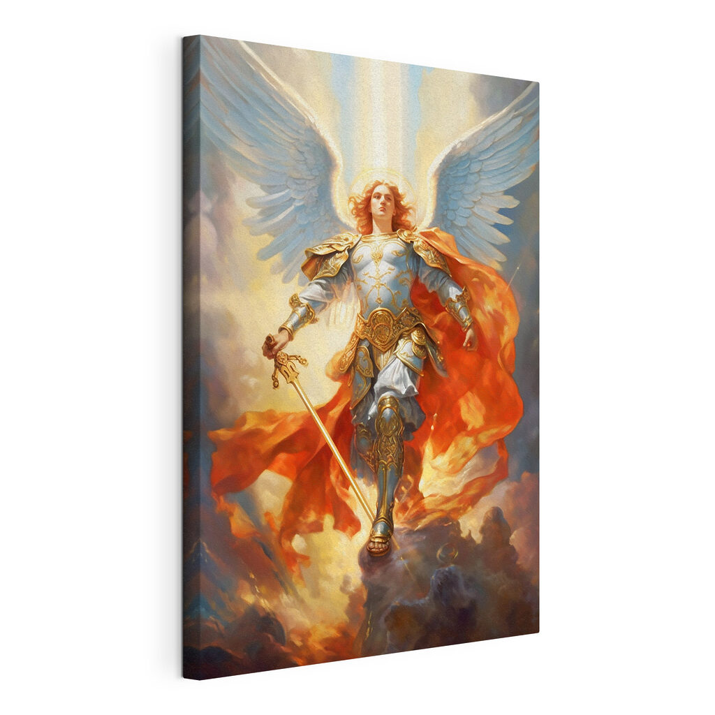 A painting of a person in armor with wings and a sword