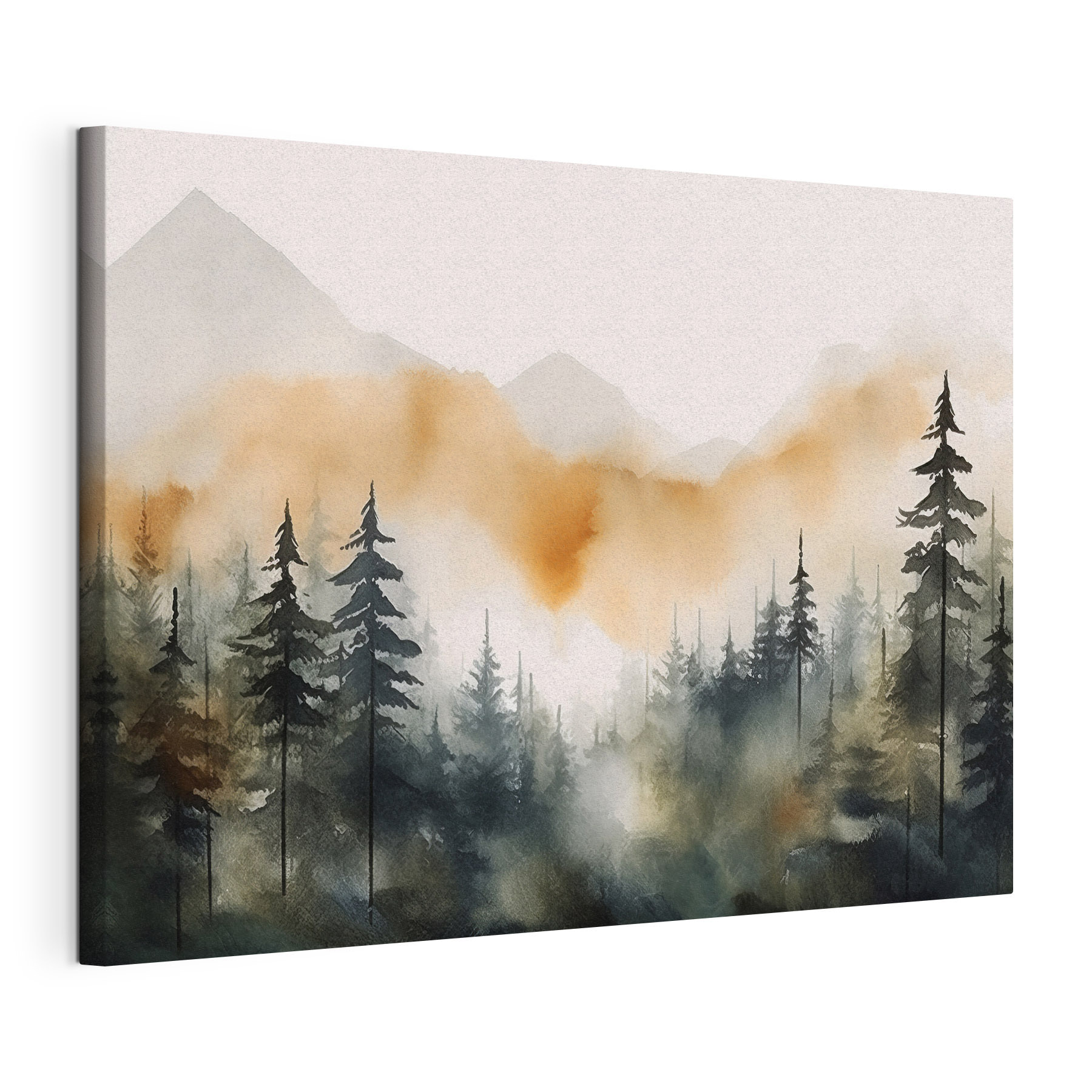 A watercolor of a forest with mountains in the background
