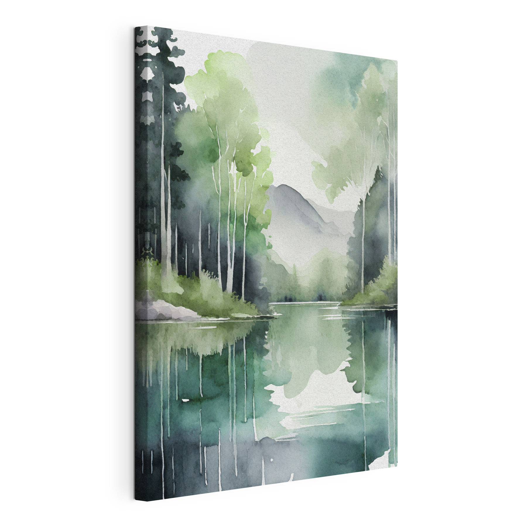 Watercolor painting of a lake surrounded by trees and mountains Watercolor painting of a lake surrounded by trees and mountains