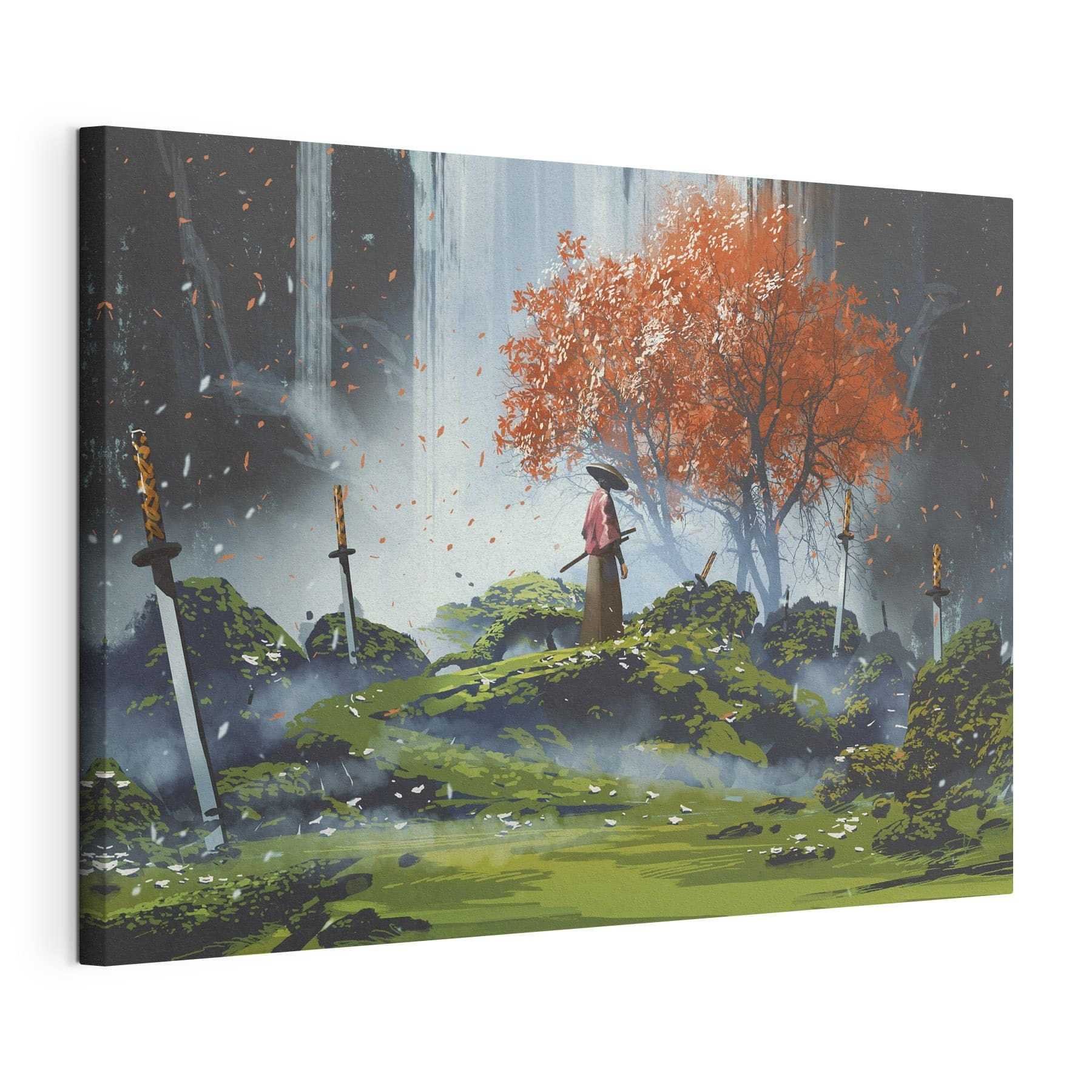 A person standing in a field with swords A person standing in a field with swords