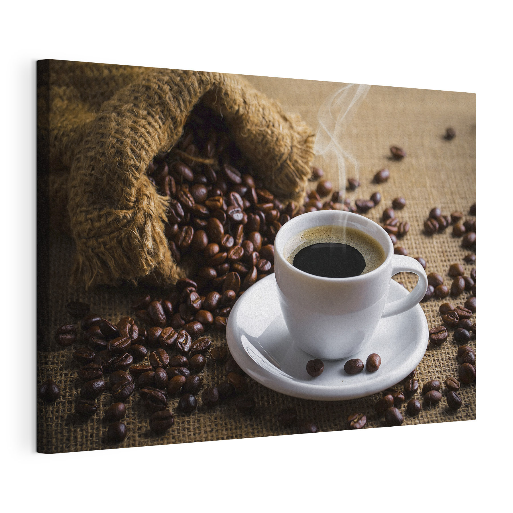 A cup of coffee and a bag of coffee beans
