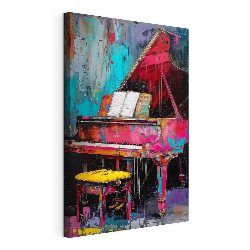 A pink piano with a stool A pink piano with a stool