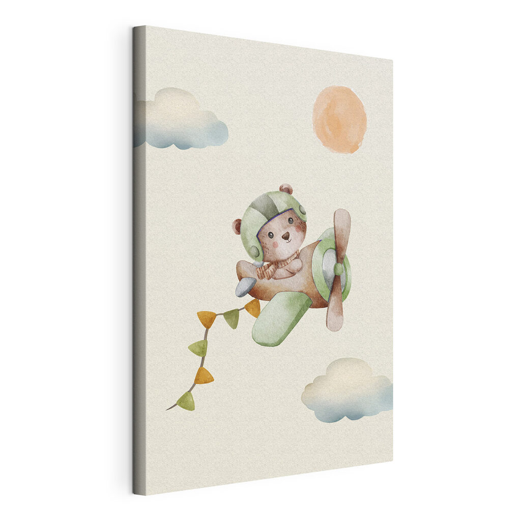 A watercolor painting of a teddy bear in a plane
