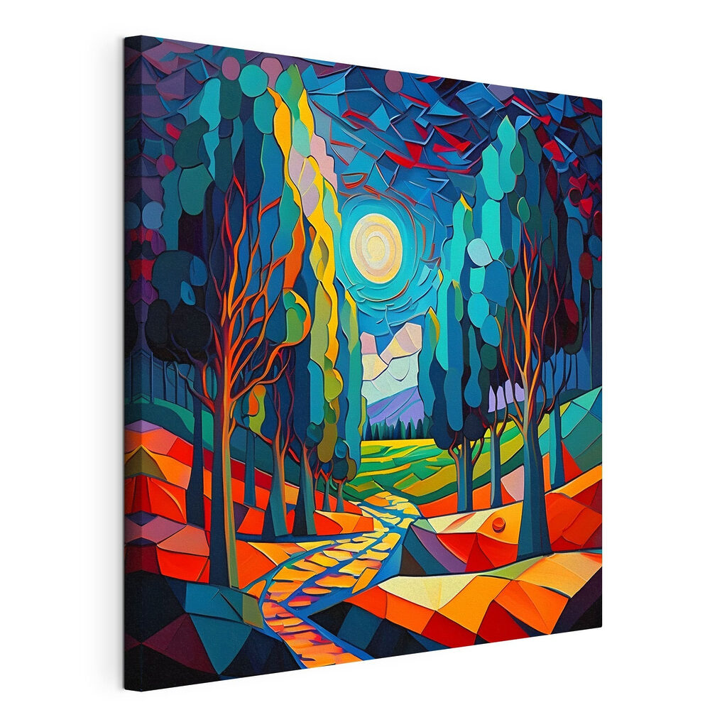 A colorful landscape with trees and a path