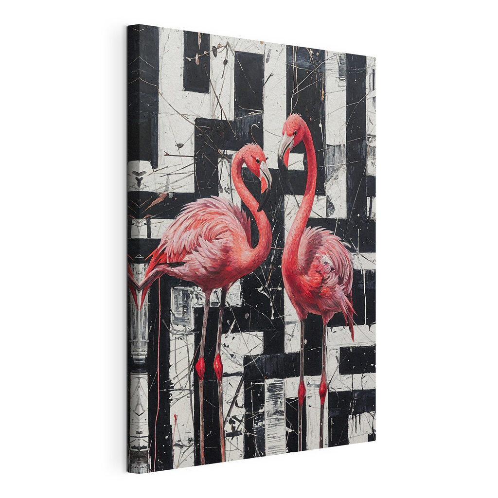 A painting of flamingos on a black and white background