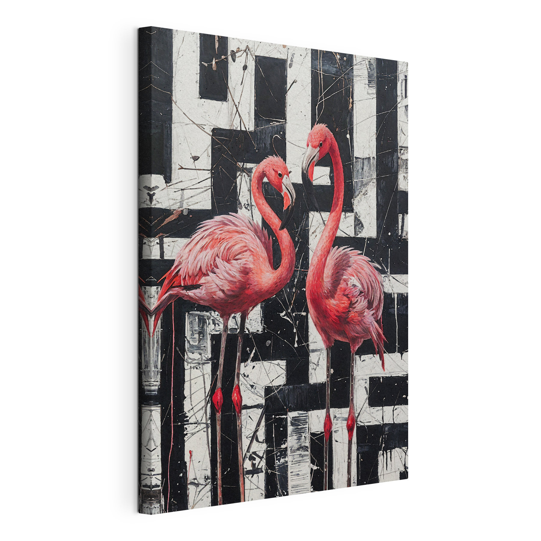 A painting of flamingos on a black and white background