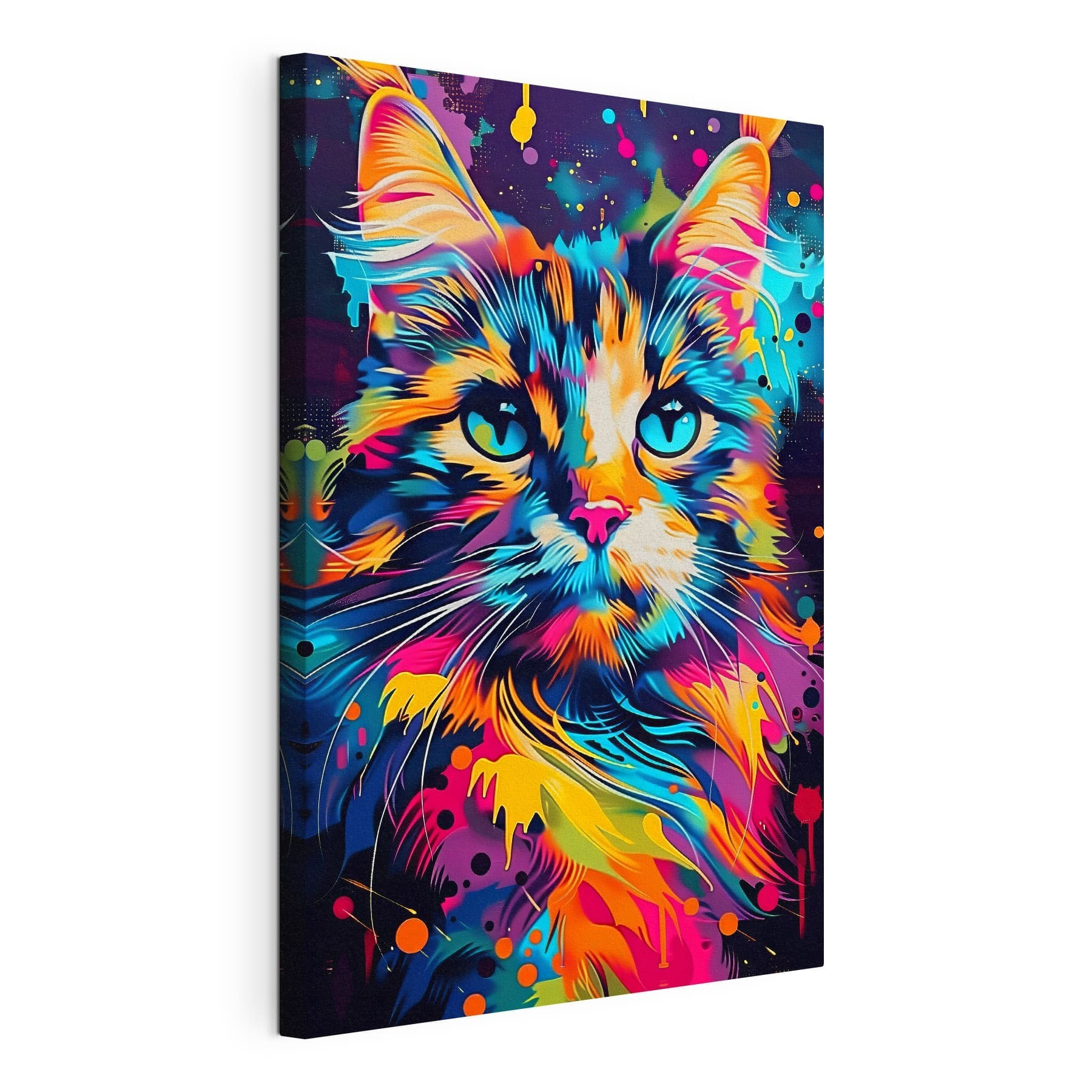 A colorful cat with blue eyes