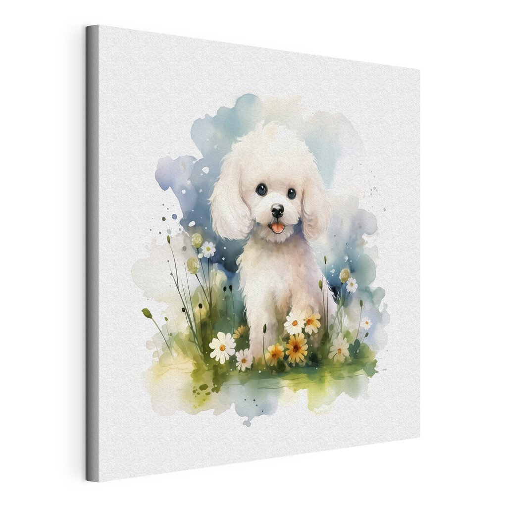 White dog sitting in a field of flowers