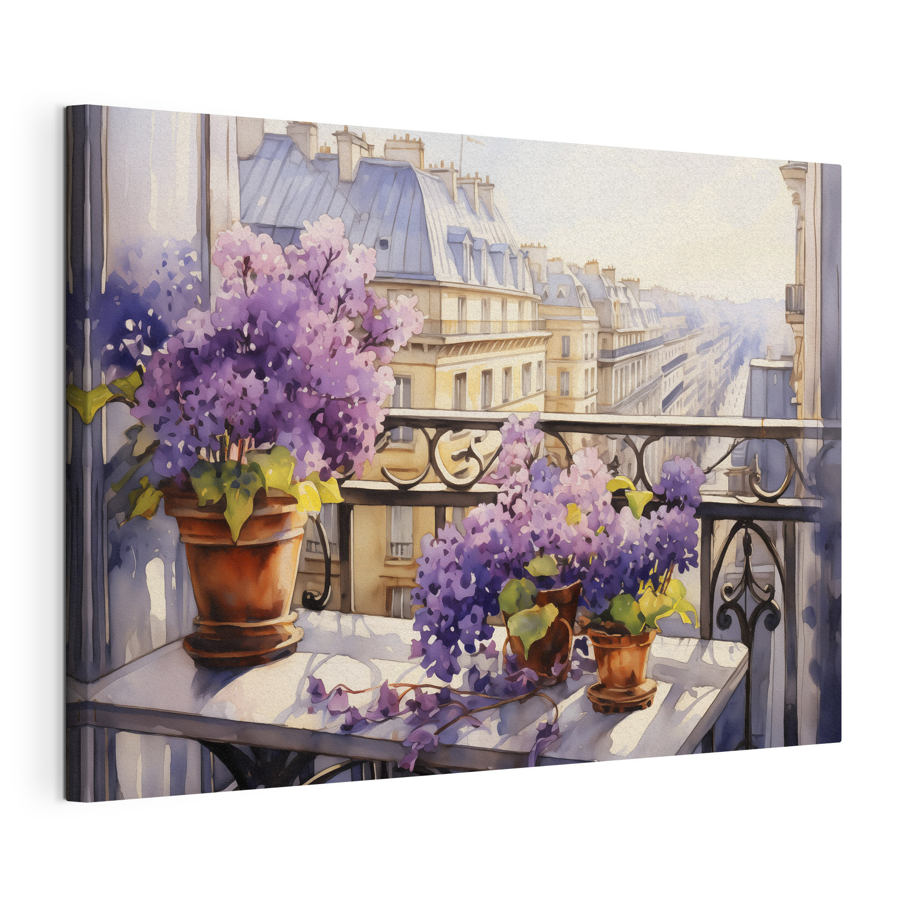 Watercolor painting of a balcony with purple flowers
