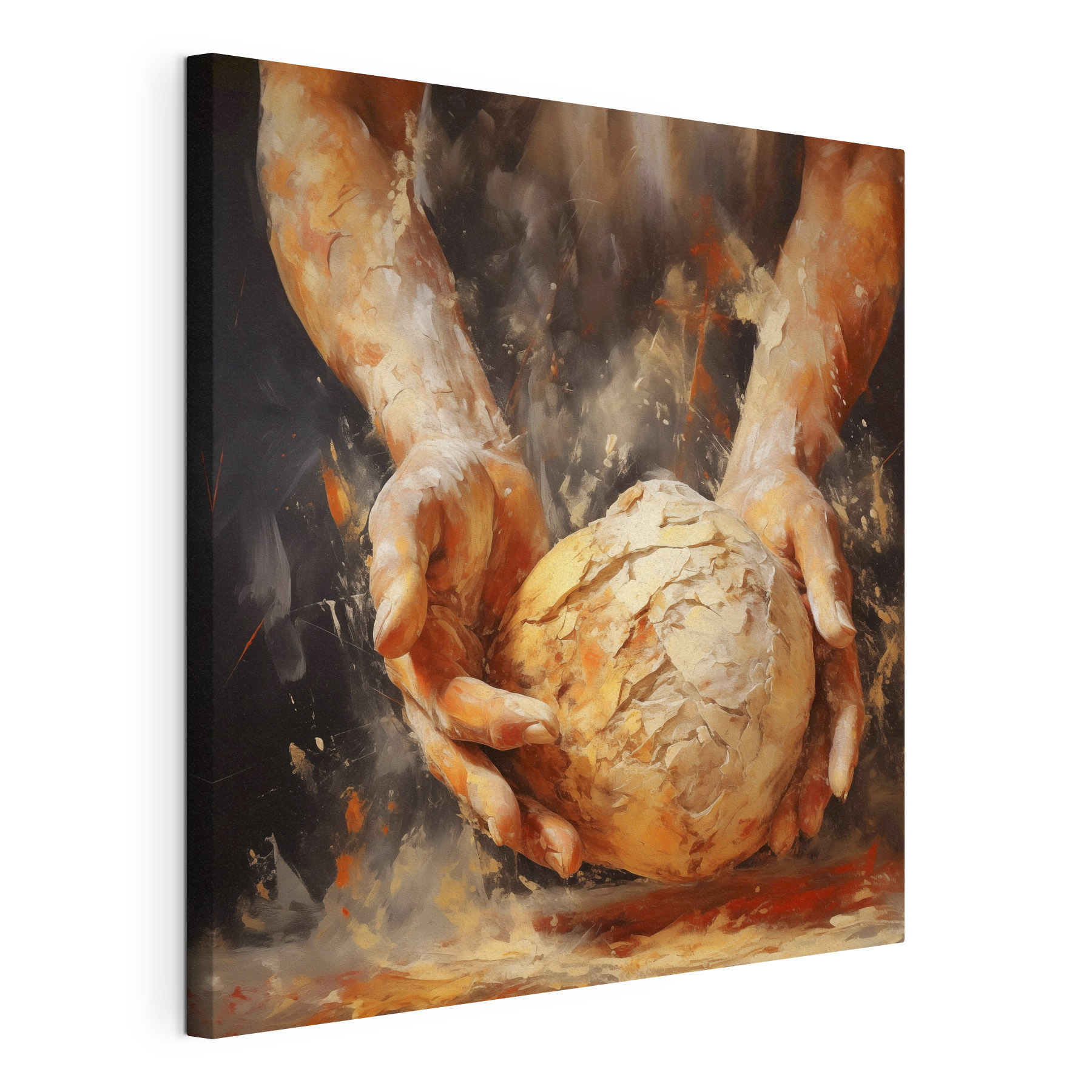 Painting of hands holding a ball of bread