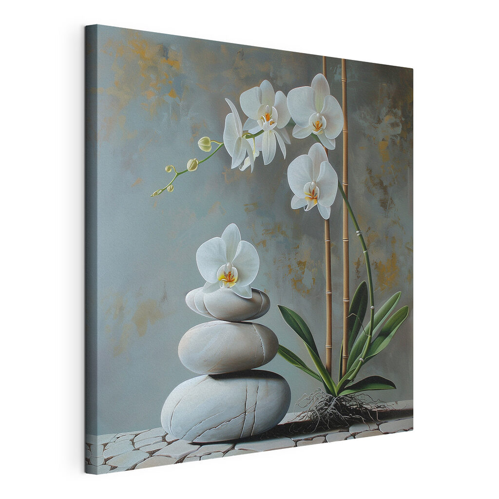 Painting of a plant and a stack of rocks