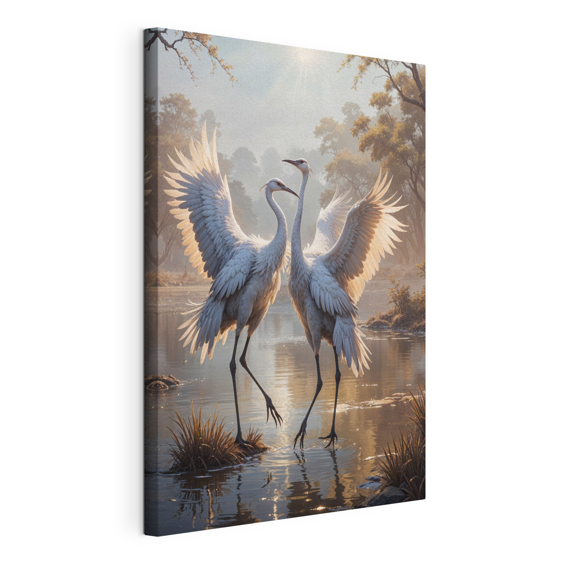 Couple of white cranes standing in a pond Couple of white cranes standing in a pond