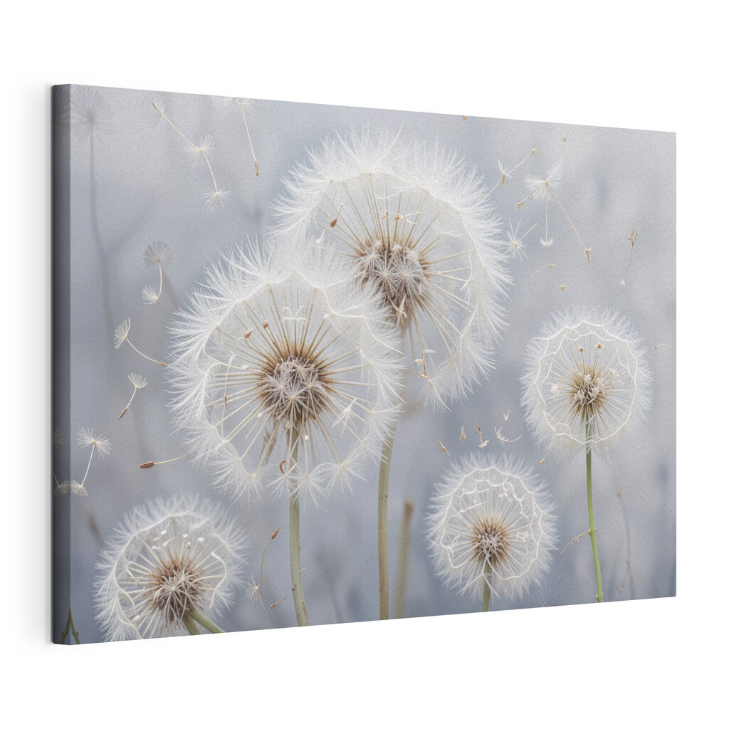 Group of dandelions with seeds flying
