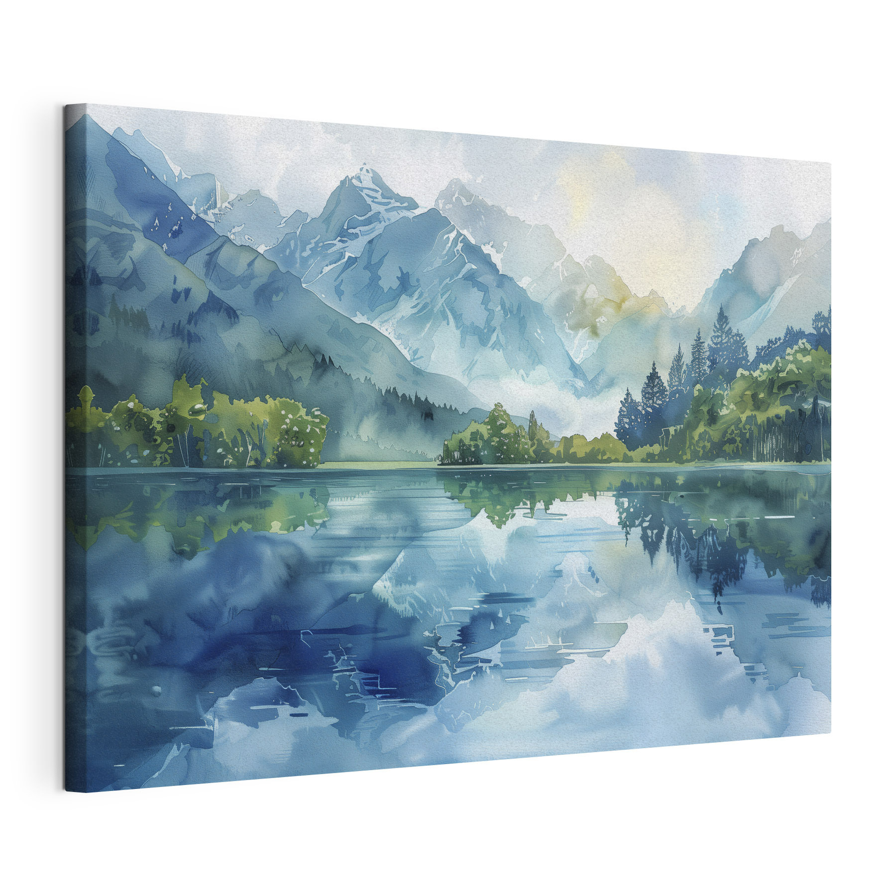 Water painting of a lake with trees and mountains in the background