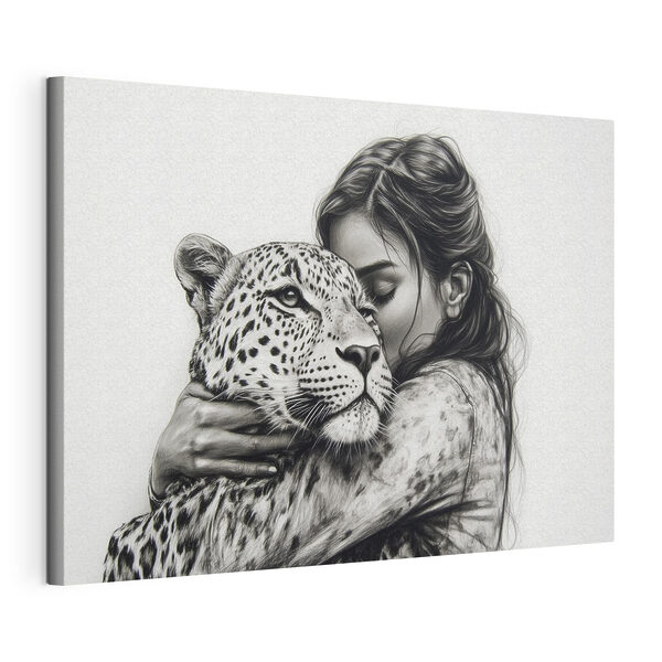 Drawing of a woman hugging a leopard