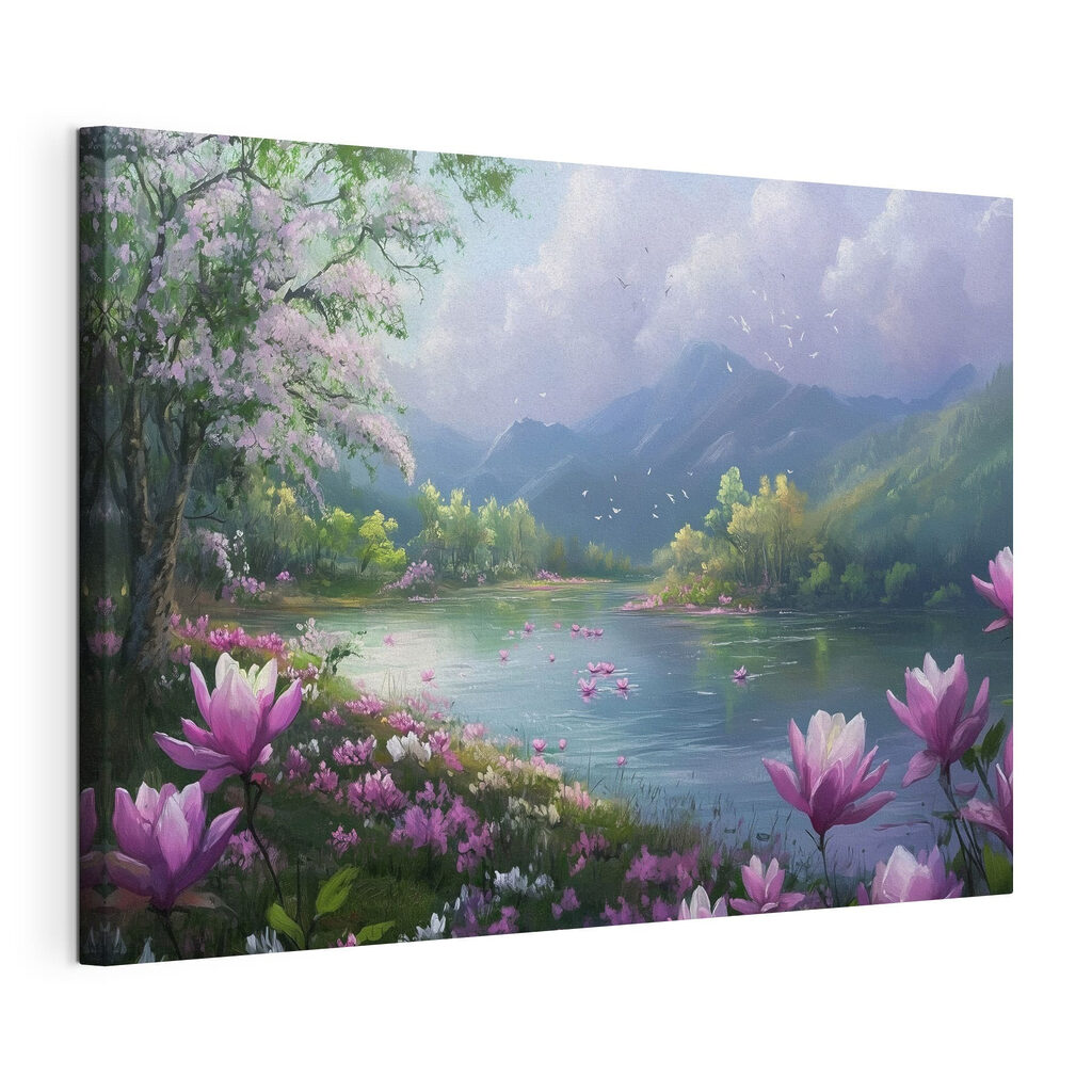 River with flowers and mountains in the background River with flowers and mountains in the background