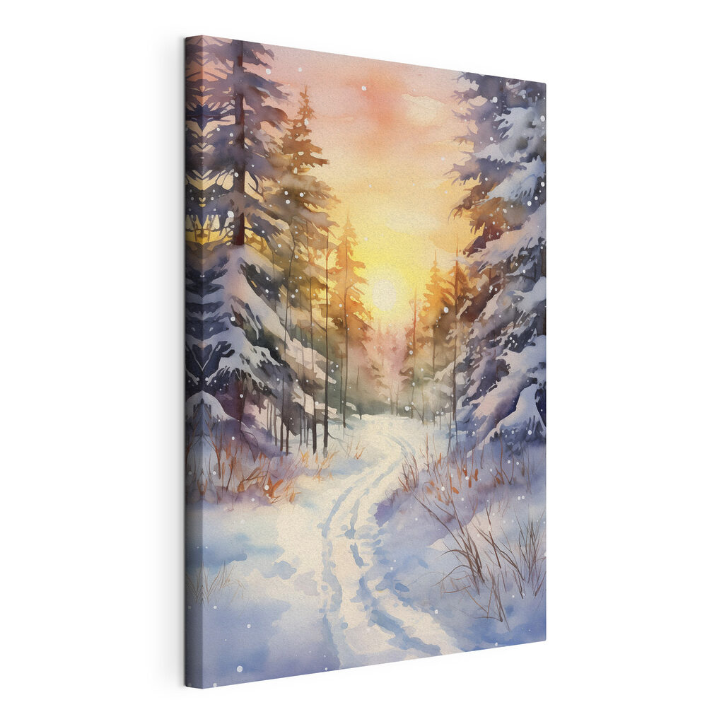 Watercolor painting of a snowy forest