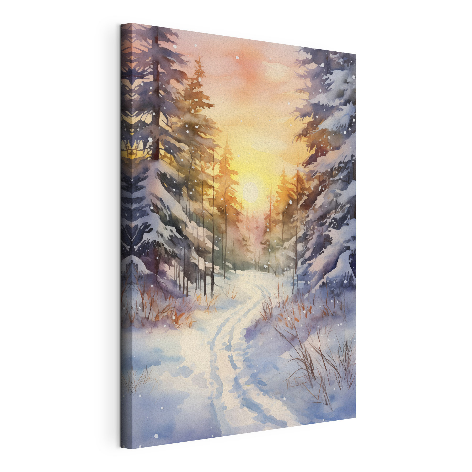Watercolor painting of a snowy forest