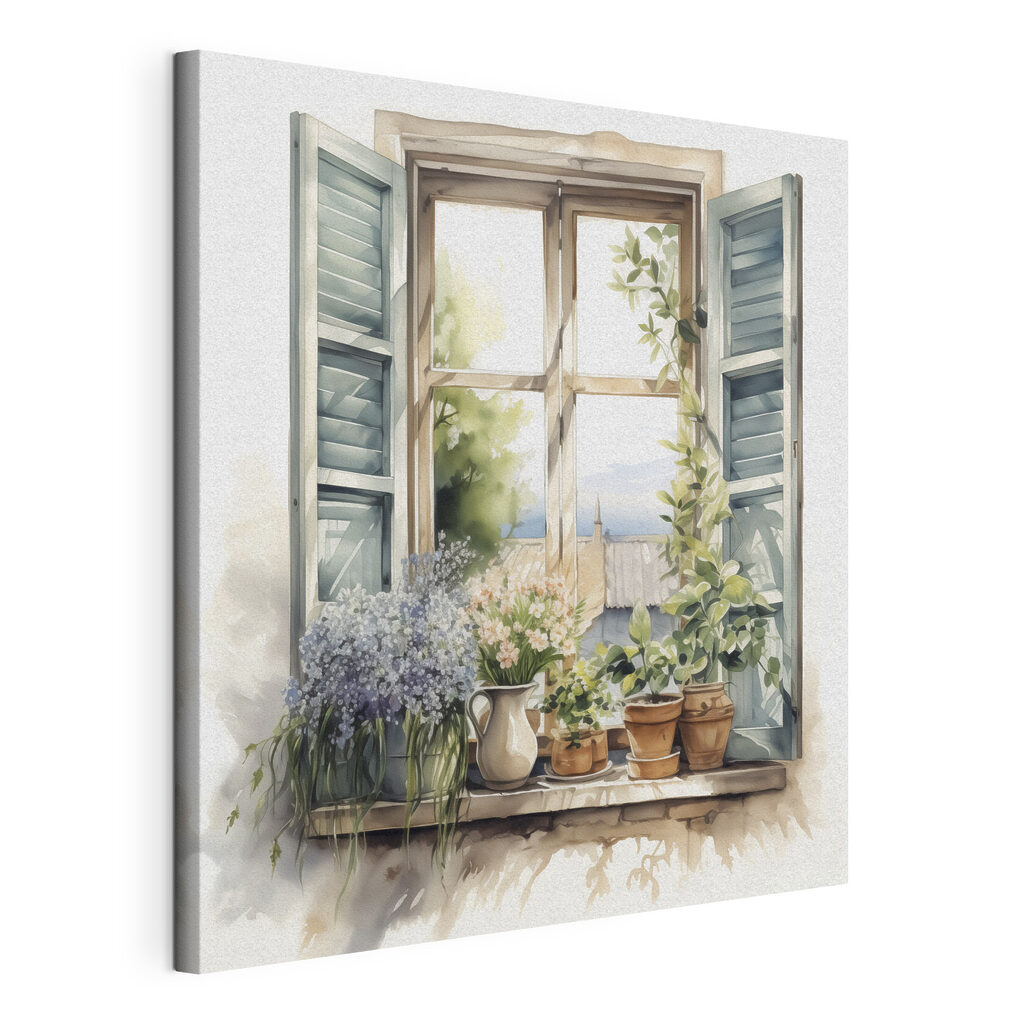 Watercolor painting of a window with potted plants Watercolor painting of a window with potted plants