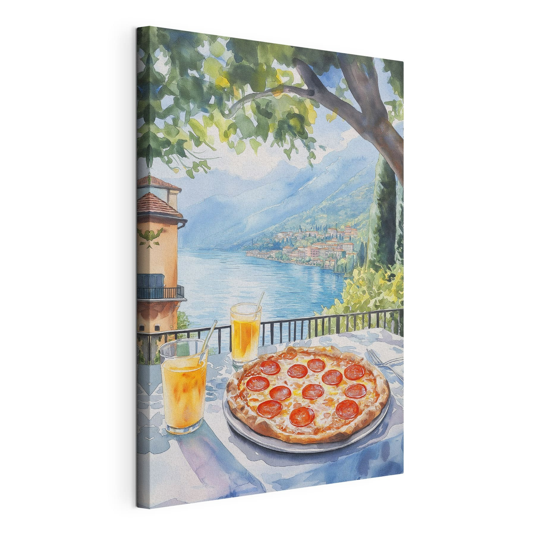 Watercolor painting of a pizza and drinks on a table Watercolor painting of a pizza and drinks on a table