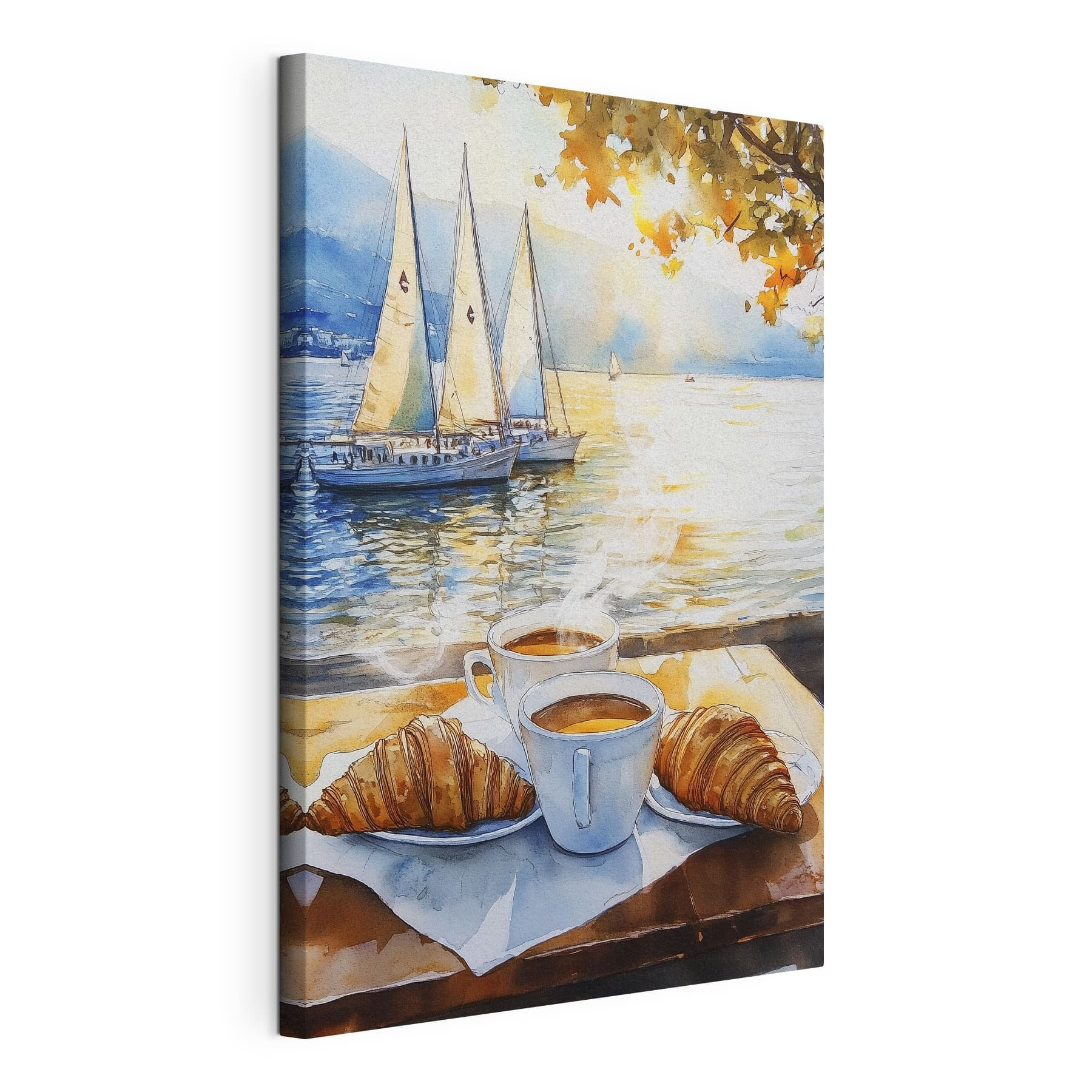 Watercolor painting of a table with coffee and croissants Watercolor painting of a table with coffee and croissants