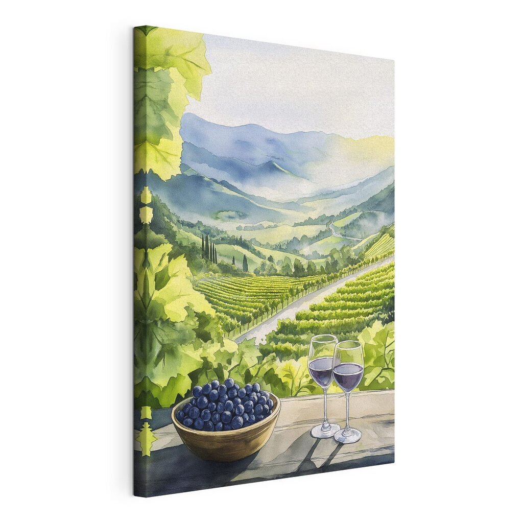 Painting of wine glasses and grapes on a table in front of a vineyard Painting of wine glasses and grapes on a table in front of a vineyard