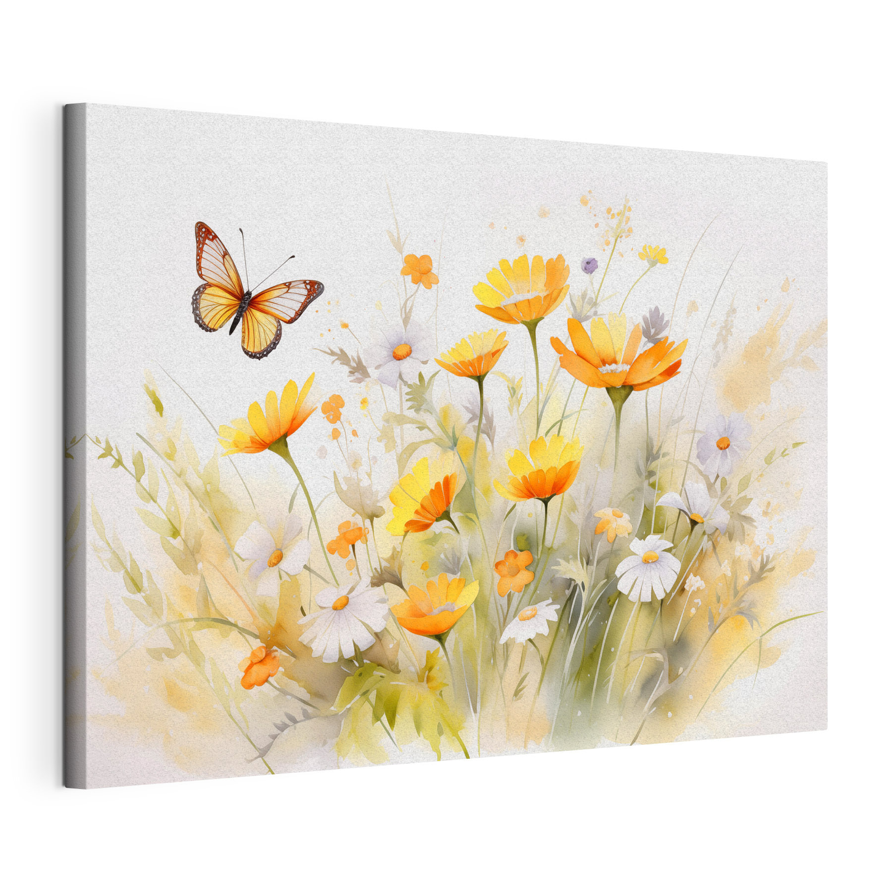 Butterfly flying over a yellow and white flowers
