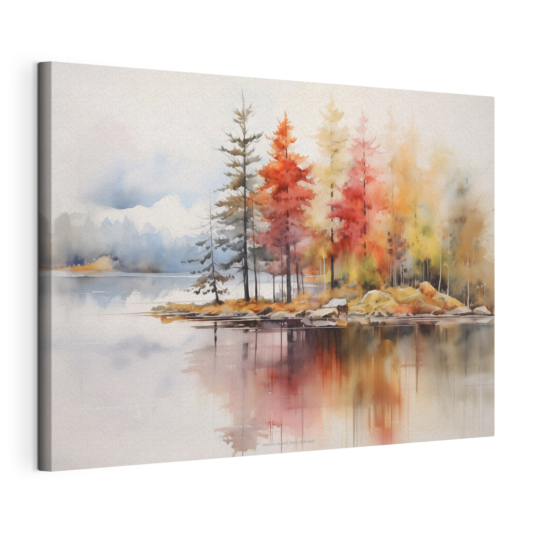 Watercolor painting of trees and rocks on a lake