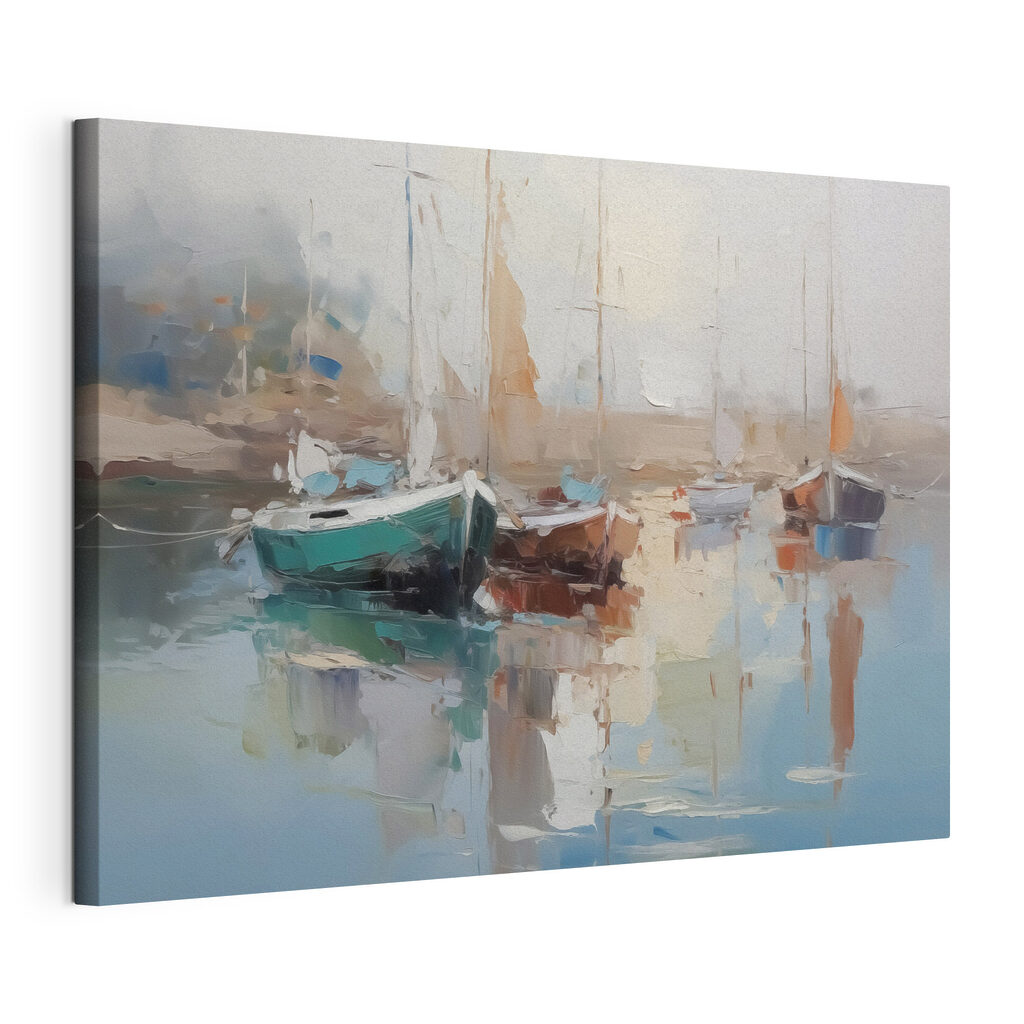 Painting of boats in a harbor