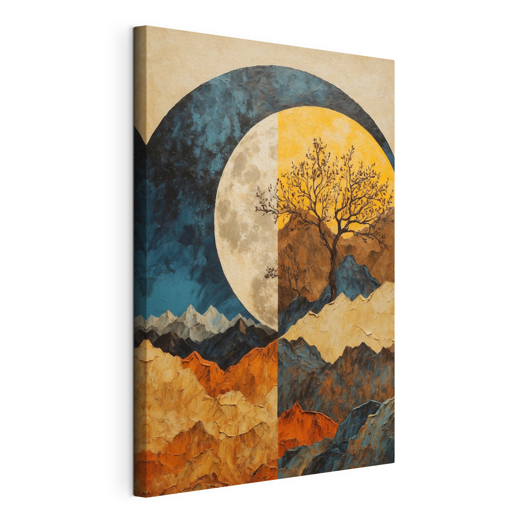 Painting of a tree and mountains