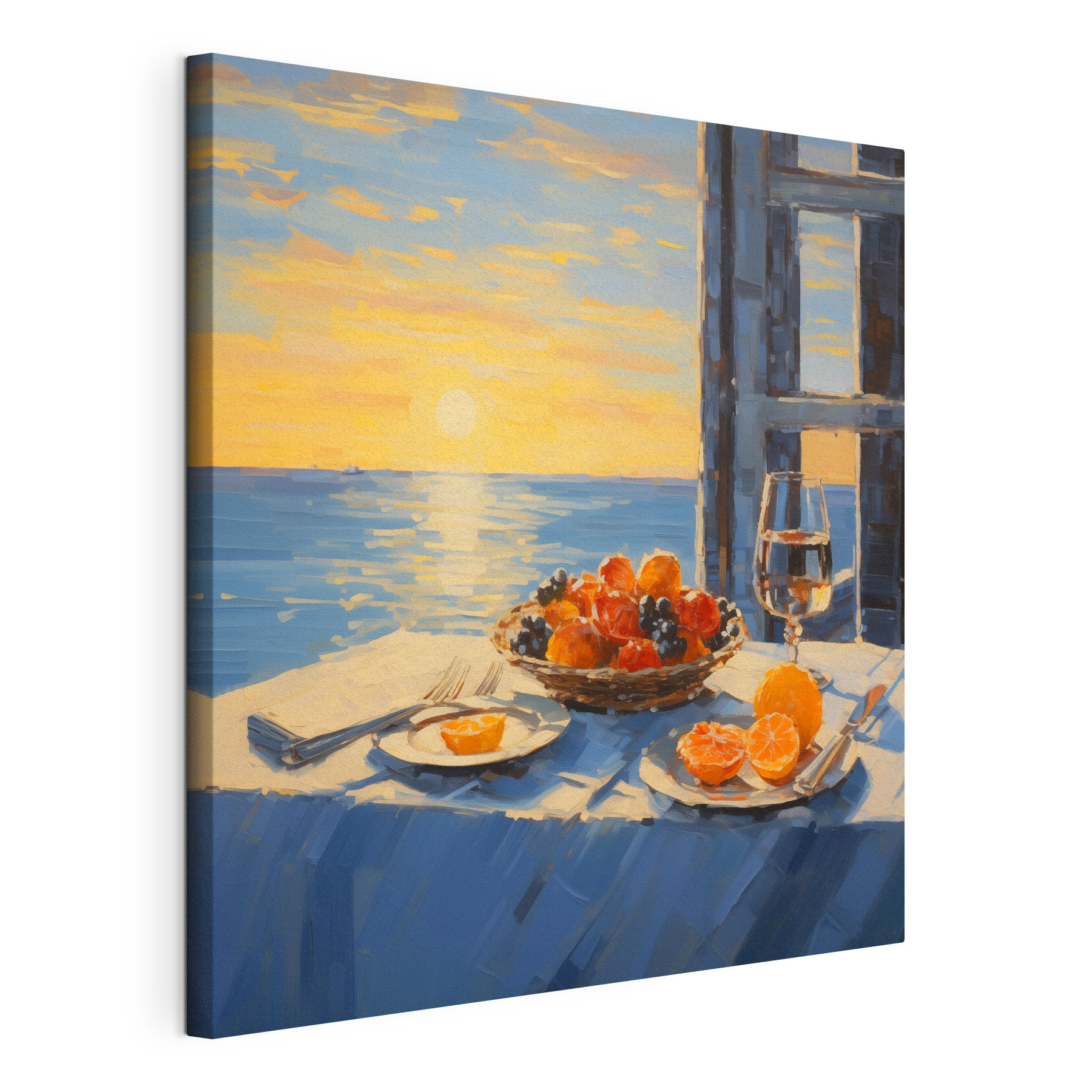 Painting of a basket of fruit on a table with a glass of wine Painting of a basket of fruit on a table with a glass of wine