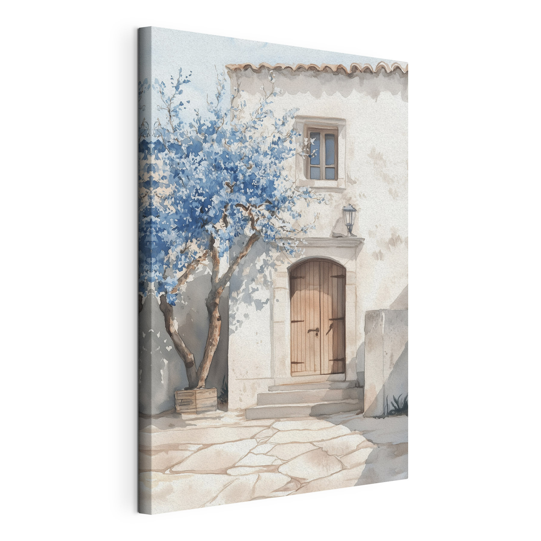 Watercolor painting of a house with a tree and a door