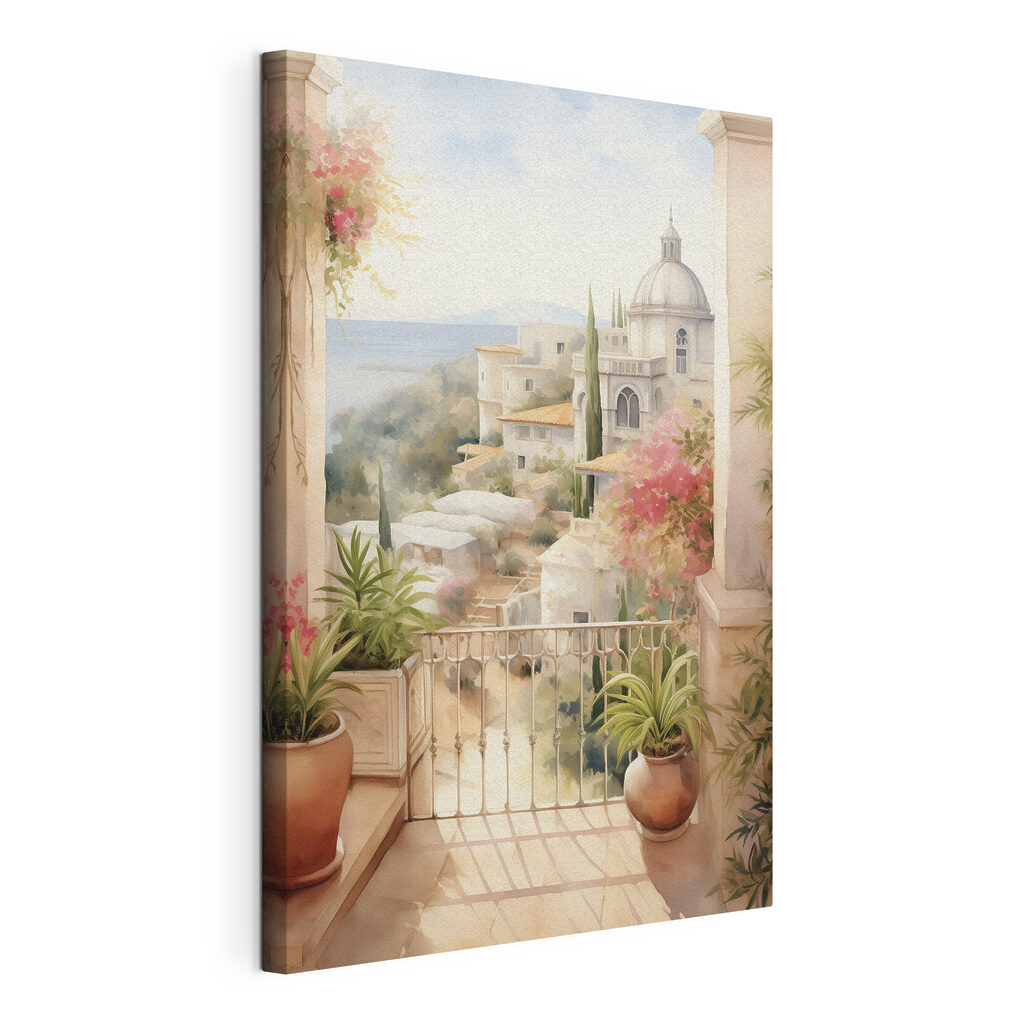 Watercolor painting of a balcony with a view of a town Watercolor painting of a balcony with a view of a town