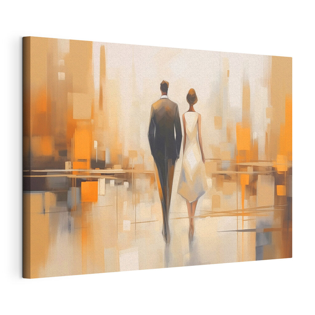 Man and woman walking down a street Man and woman walking down a street