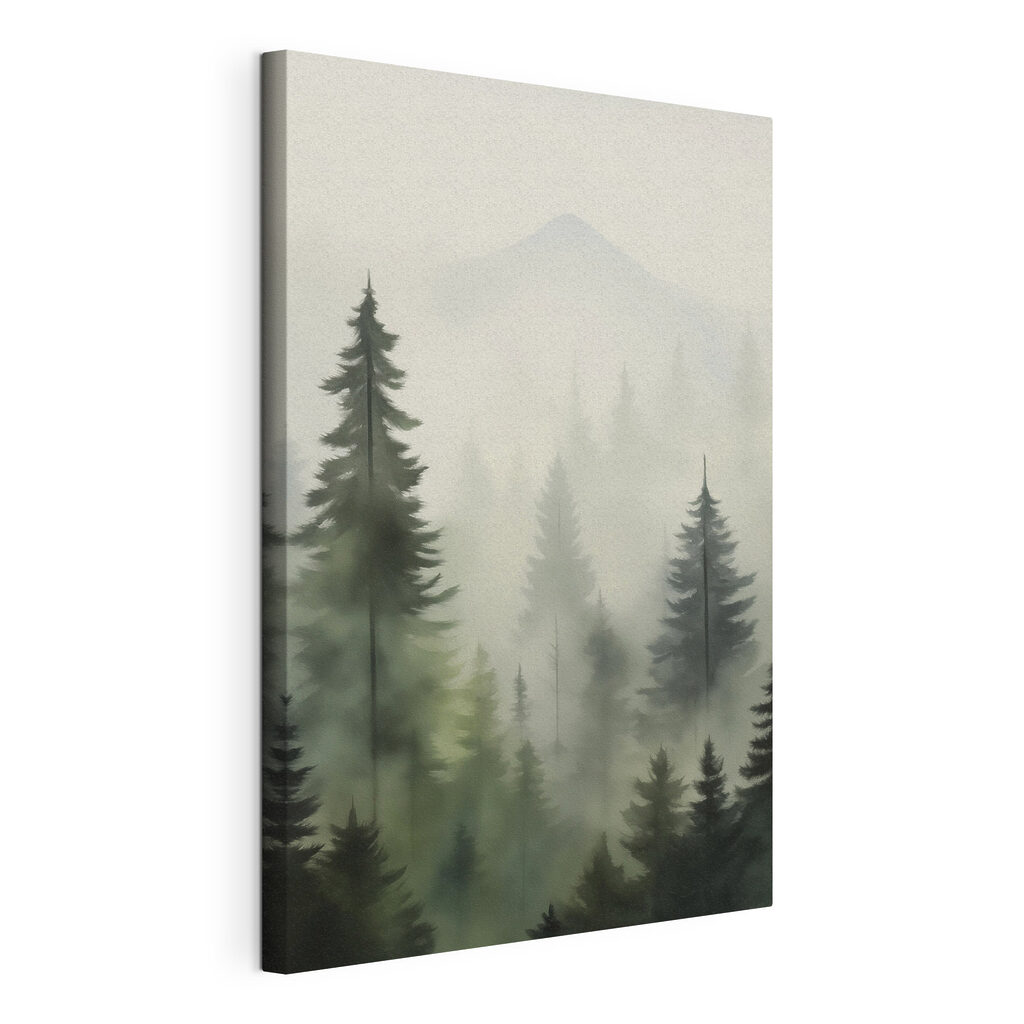 Foggy forest with trees and a mountain in the background