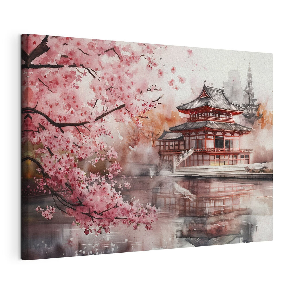 Watercolor painting of a building and a cherry blossom tree Watercolor painting of a building and a cherry blossom tree